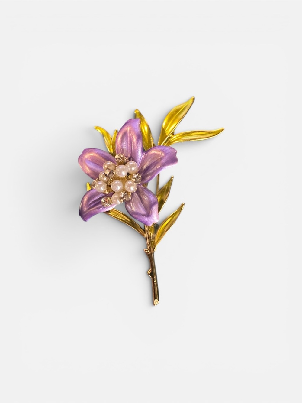 Gold-Tone Purple Flower Brooch with Pearl Center